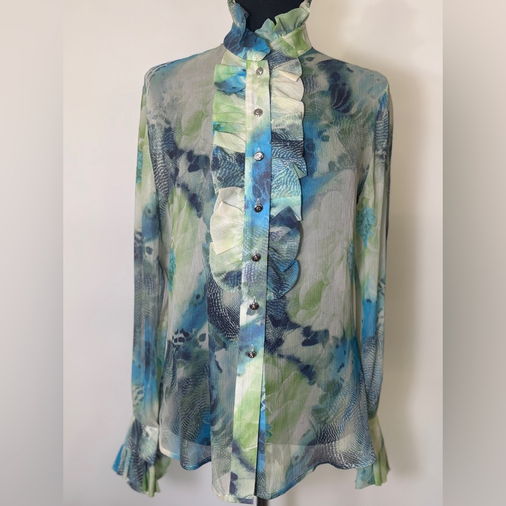 St John 100% Silk Long Sleeved Ruffle Front Tie Dye Sheer Blue/Green Floral SZ6